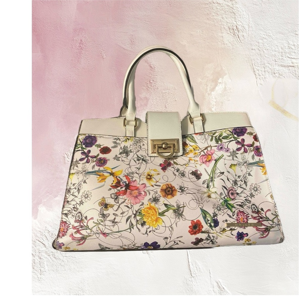 Dasein White Floral Shoulder Bag with Gold Hardware and Optional Shoulder Strap